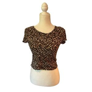 American Eagle Leopard Print Lettuce Hem Crop Top Women Small